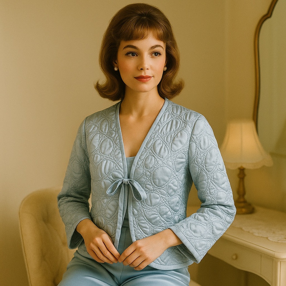 Oscar de la Renta Ice Blue Quilted Satin Bow Jacket Vintage Old Hollywood S - Picture 2 of 15